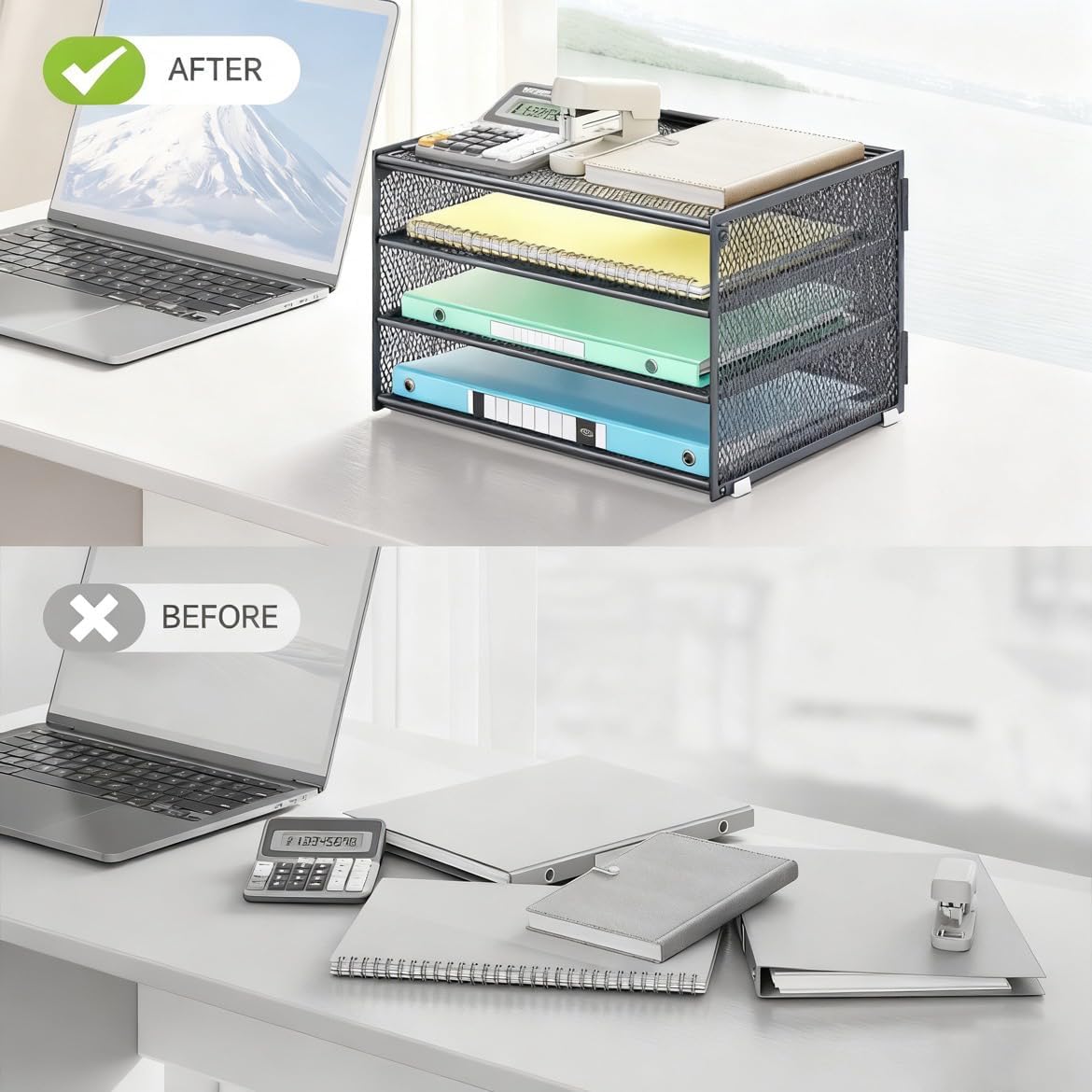 3-Tier Letter Tray Desk Organizer, Mesh Metal Paper File Tray Organizer for Desk, Office Supplies & Home Organization, Fits A4 Paper, Mail, Magazines & Office Accessories (Black with Handle)