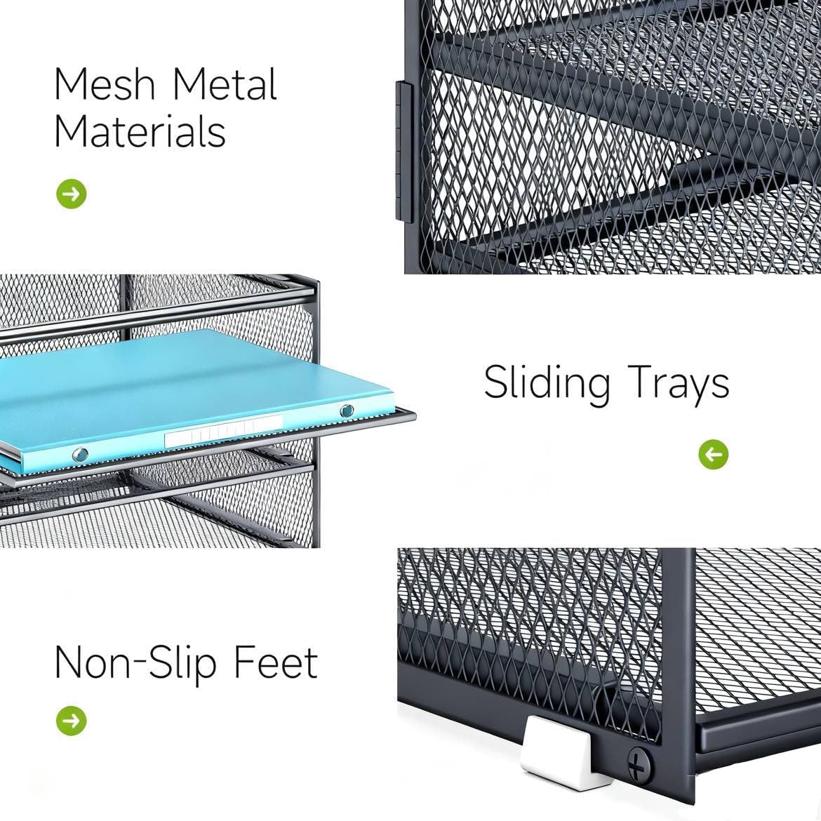 3-Tier Letter Tray Desk Organizer, Mesh Metal Paper File Tray Organizer for Desk, Office Supplies & Home Organization, Fits A4 Paper, Mail, Magazines & Office Accessories (Black with Handle)