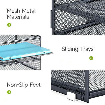 3-Tier Letter Tray Desk Organizer, Mesh Metal Paper File Tray Organizer for Desk, Office Supplies & Home Organization, Fits A4 Paper, Mail, Magazines & Office Accessories (Black with Handle)