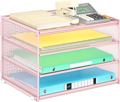 3-Tier Letter Tray Desk Organizer, Mesh Metal Paper File Tray Organizer for Desk, Office Supplies & Home Organization, Fits A4 Paper, Mail, Magazines & Office Accessories (Black with Handle)