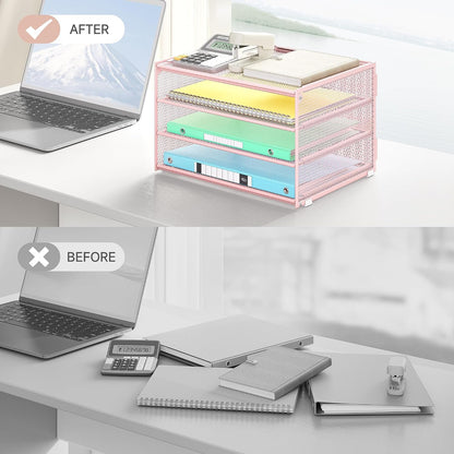 3-Tier Letter Tray Desk Organizer, Mesh Metal Paper File Tray Organizer for Desk, Office Supplies & Home Organization, Fits A4 Paper, Mail, Magazines & Office Accessories (Black with Handle)