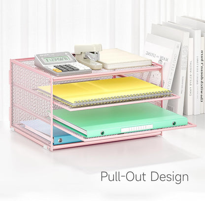 3-Tier Letter Tray Desk Organizer, Mesh Metal Paper File Tray Organizer for Desk, Office Supplies & Home Organization, Fits A4 Paper, Mail, Magazines & Office Accessories (Black with Handle)