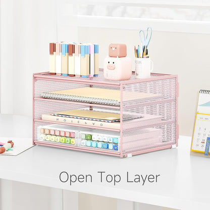 3-Tier Letter Tray Desk Organizer, Mesh Metal Paper File Tray Organizer for Desk, Office Supplies & Home Organization, Fits A4 Paper, Mail, Magazines & Office Accessories (Black with Handle)