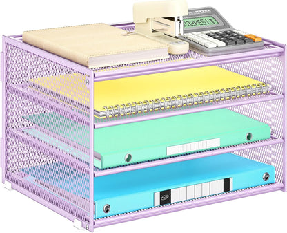 3-Tier Letter Tray Desk Organizer, Mesh Metal Paper File Tray Organizer for Desk, Office Supplies & Home Organization, Fits A4 Paper, Mail, Magazines & Office Accessories (Black with Handle)