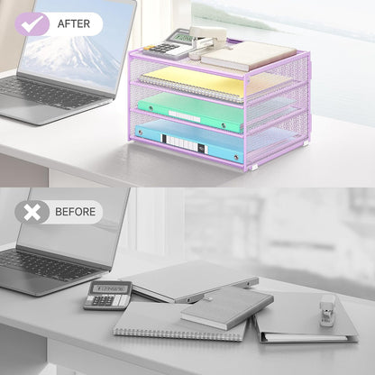 3-Tier Letter Tray Desk Organizer, Mesh Metal Paper File Tray Organizer for Desk, Office Supplies & Home Organization, Fits A4 Paper, Mail, Magazines & Office Accessories (Black with Handle)
