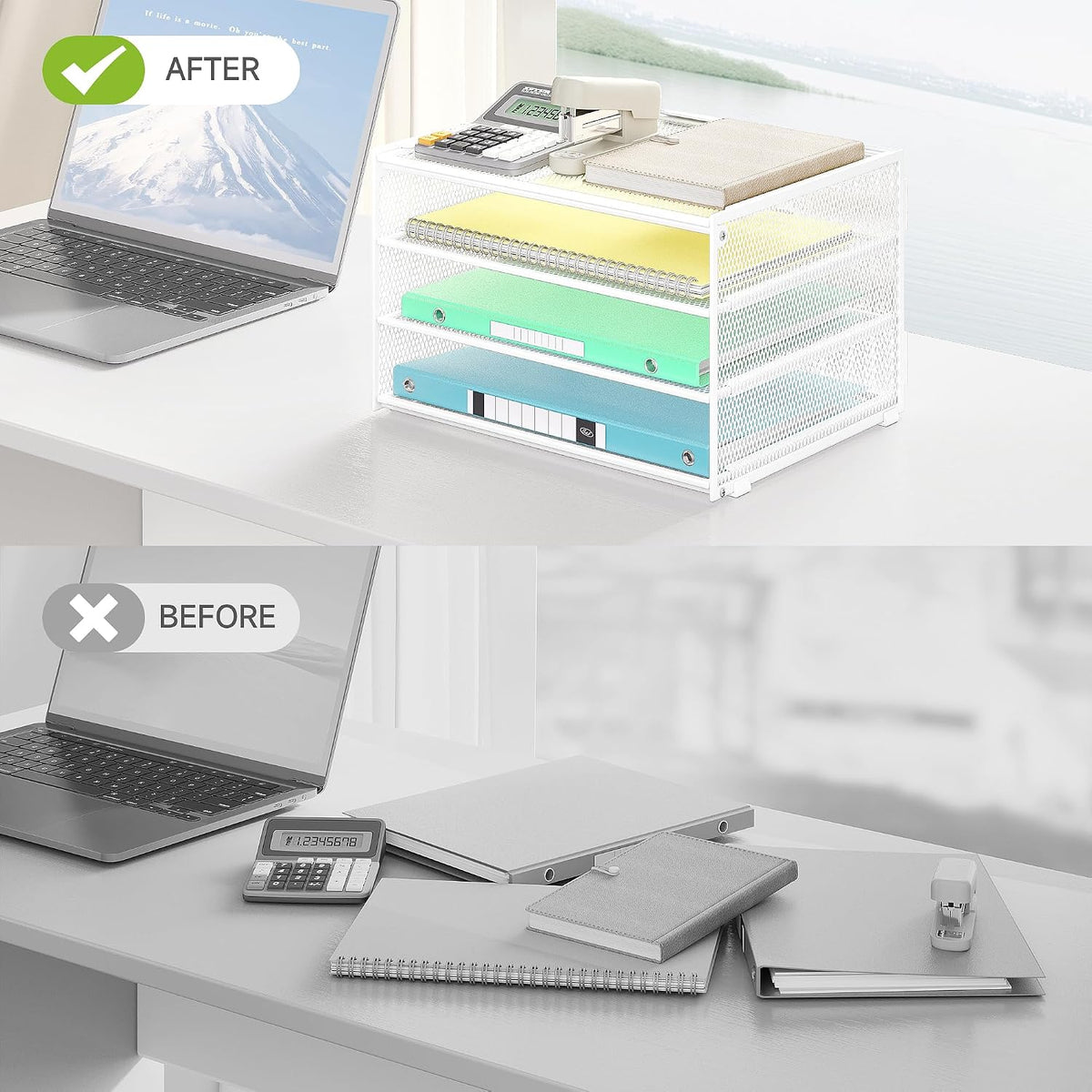 3-Tier Letter Tray Desk Organizer, Mesh Metal Paper File Tray Organizer for Desk, Office Supplies & Home Organization, Fits A4 Paper, Mail, Magazines & Office Accessories (Black with Handle)