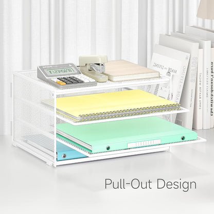 3-Tier Letter Tray Desk Organizer, Mesh Metal Paper File Tray Organizer for Desk, Office Supplies & Home Organization, Fits A4 Paper, Mail, Magazines & Office Accessories (Black with Handle)