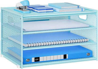 3-Tier Letter Tray Desk Organizer, Mesh Metal Paper File Tray Organizer for Desk, Office Supplies & Home Organization, Fits A4 Paper, Mail, Magazines & Office Accessories (Black with Handle)
