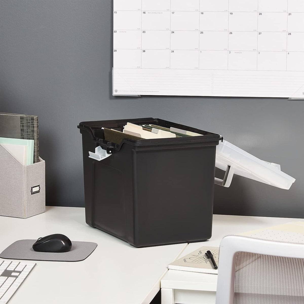 Hanging File Folder Box, Storage Bin Organizer, Snap Lid, Clear
