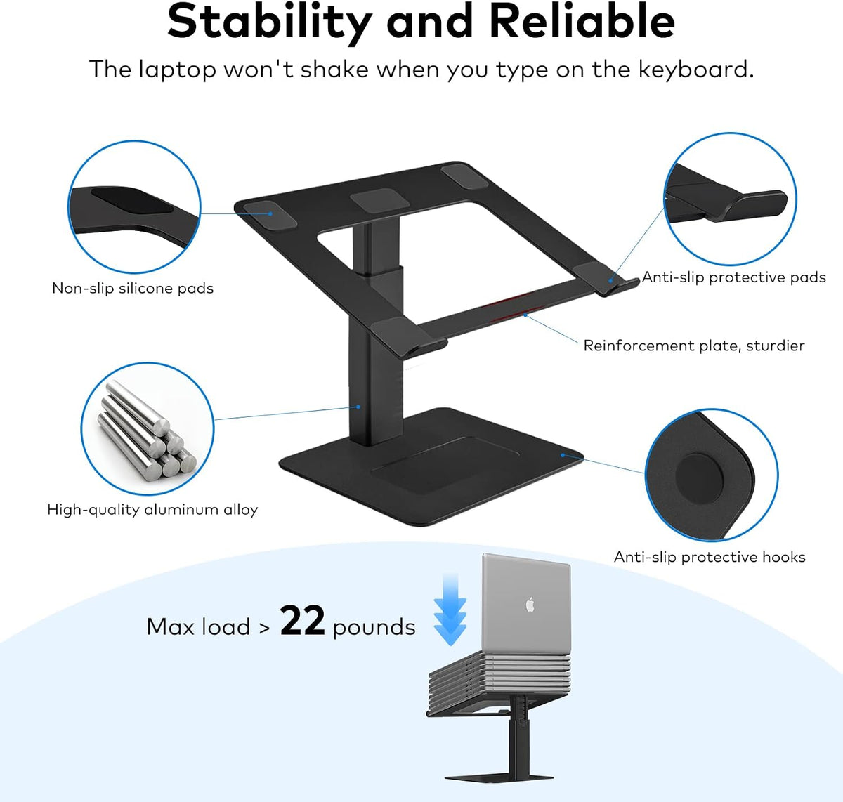 Adjustable Laptop Stand, Tall, Strong, Airflow, Suitable for 13.3-17.3 Inch Laptops, Lift Screen to Eye Level for Video Conferences