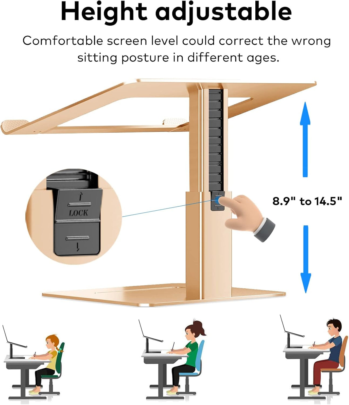 Adjustable Laptop Stand, Tall, Strong, Airflow, Suitable for 13.3-17.3 Inch Laptops, Lift Screen to Eye Level for Video Conferences