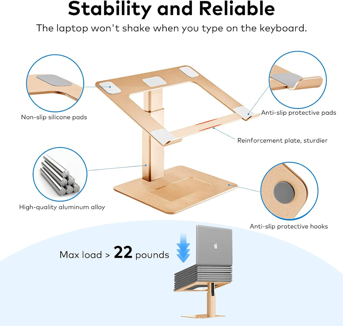 Adjustable Laptop Stand, Tall, Strong, Airflow, Suitable for 13.3-17.3 Inch Laptops, Lift Screen to Eye Level for Video Conferences