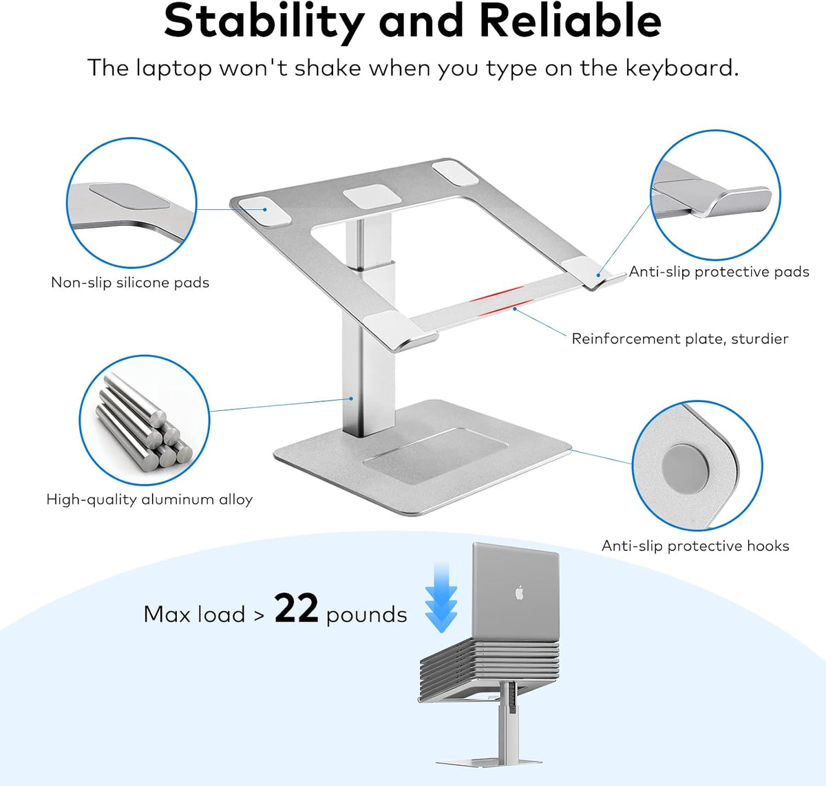 Adjustable Laptop Stand, Tall, Strong, Airflow, Suitable for 13.3-17.3 Inch Laptops, Lift Screen to Eye Level for Video Conferences