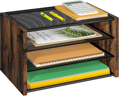 3-Tier Paper Letter Tray, Wooden Desk File Organizer, Stackable Metal Mesh Desk Organizer for Office Supplies. Small Paper Trays for Home Office School, Rustic Brown