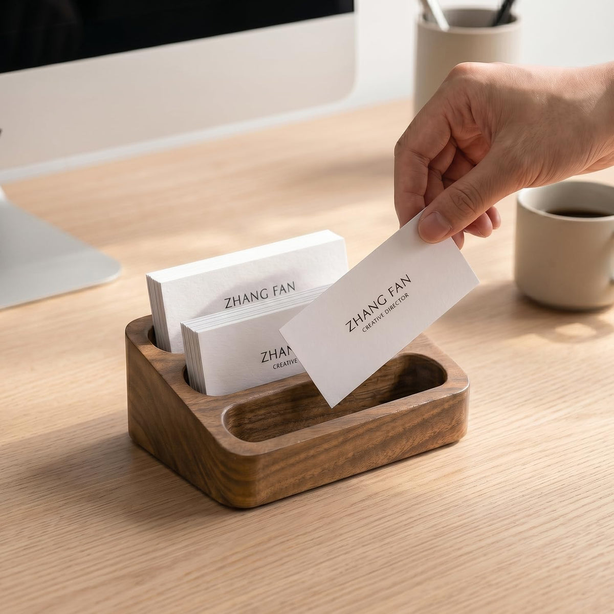 Business Card Holder for Desk, Minimalist Office Wooden Organizer