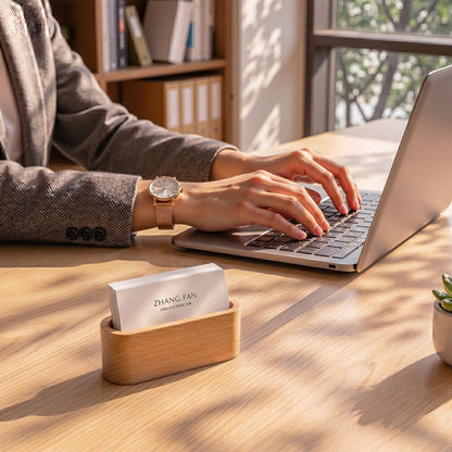 Business Card Holder for Desk, Minimalist Office Wooden Organizer