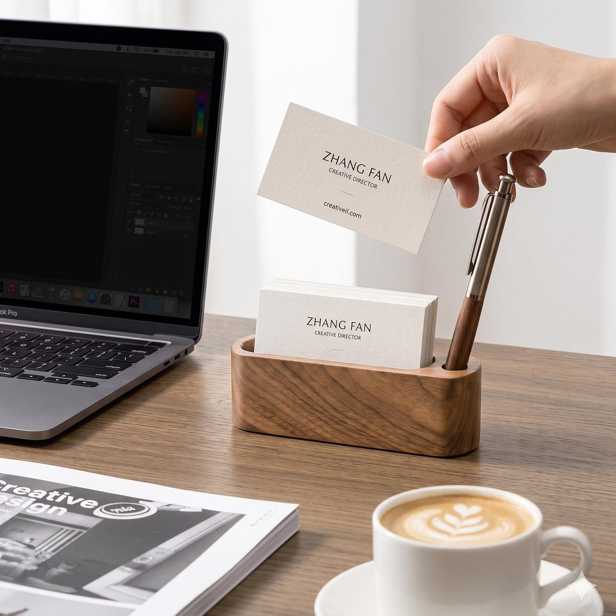 Business Card Holder for Desk, Minimalist Office Wooden Organizer