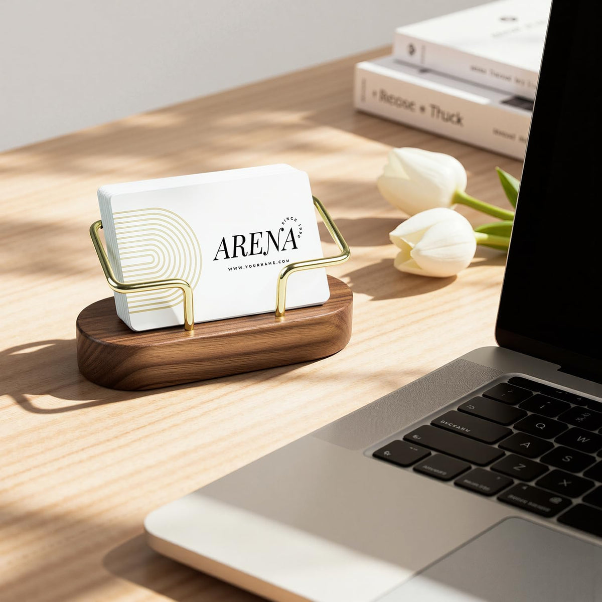 Business Card Holder for Desk, Minimalist Office Wooden Organizer