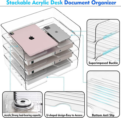 Paper Organizer Letter Tray, 4-Pack Acrylic File Organizer, Clear