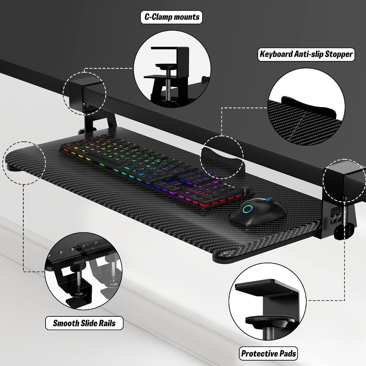Keyboard Tray Under Desk, Keyboard Holder&Drawer with C-Clamp 25.6"x11.8"