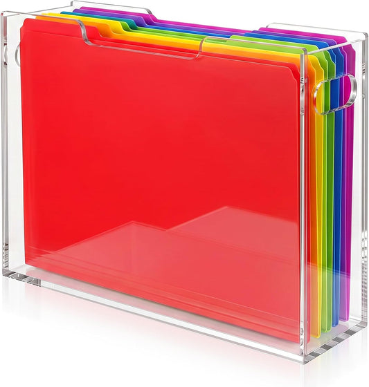 Acrylic File Folder Organizer, Clear Hanging Organizer Box for Letter Size, 5mm Thick Desktop File Holder with Handles, Slim Filing Storage Box for Desk Office Home - 1 Pack