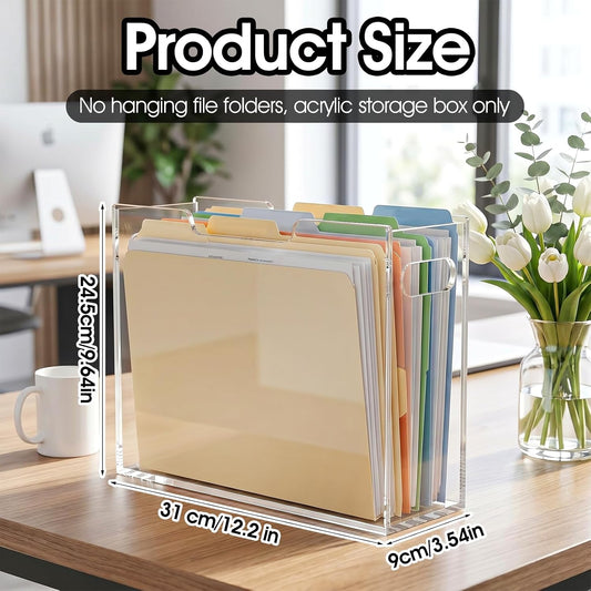 Acrylic File Folder Organizer, Clear Hanging Organizer Box for Letter Size, 5mm Thick Desktop File Holder with Handles, Slim Filing Storage Box for Desk Office Home - 1 Pack