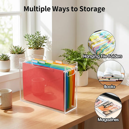 Acrylic File Folder Organizer, Clear Hanging Organizer Box for Letter Size, 5mm Thick Desktop File Holder with Handles, Slim Filing Storage Box for Desk Office Home - 1 Pack