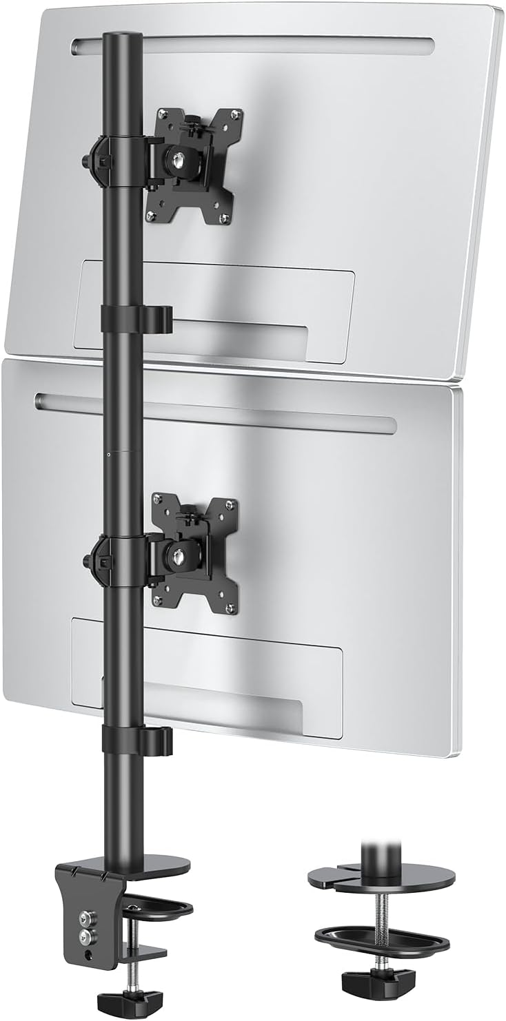 Dual Monitor Stand, Vertical Monitor Mount for 2 Max 32 inch Stack Screen Monitors, Height Adjustable, Swivel, Tilt Monitor Desk Mount with C Clamp Grommet Base, Home Office