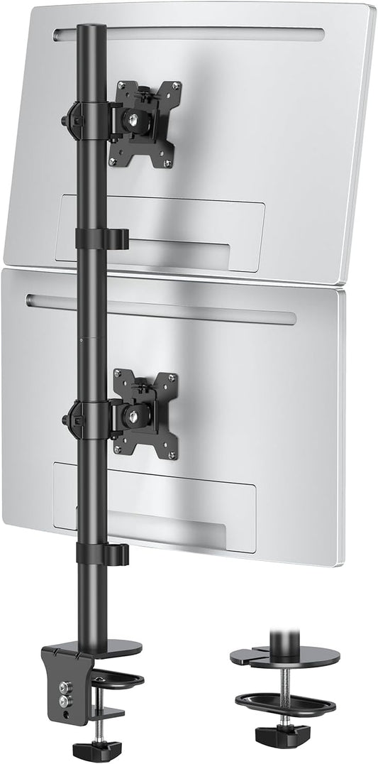 Dual Monitor Stand, Vertical Monitor Mount for 2 Max 32 inch Stack Screen Monitors, Height Adjustable, Swivel, Tilt Monitor Desk Mount with C Clamp Grommet Base, Home Office