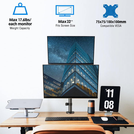 Dual Monitor Stand, Vertical Monitor Mount for 2 Max 32 inch Stack Screen Monitors, Height Adjustable, Swivel, Tilt Monitor Desk Mount with C Clamp Grommet Base, Home Office