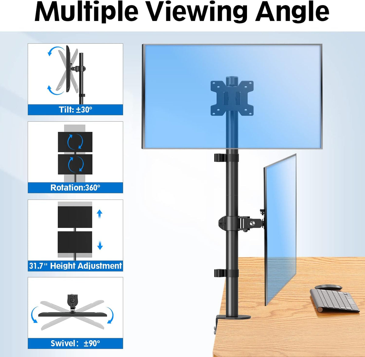 Dual Monitor Stand, Vertical Monitor Mount for 2 Max 32 inch Stack Screen Monitors, Height Adjustable, Swivel, Tilt Monitor Desk Mount with C Clamp Grommet Base, Home Office