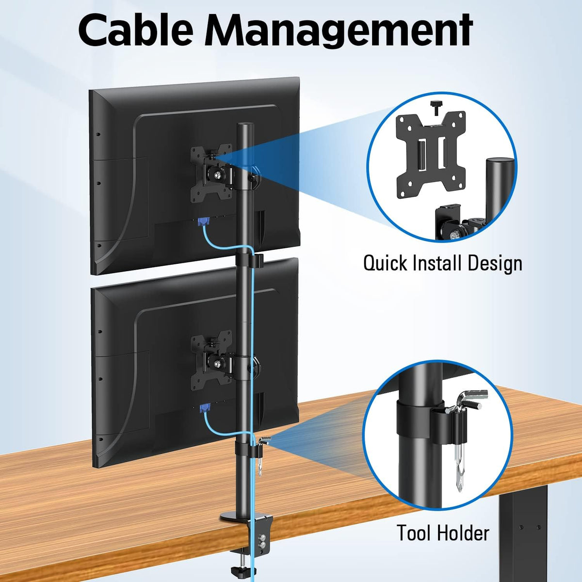 Dual Monitor Stand, Vertical Monitor Mount for 2 Max 32 inch Stack Screen Monitors, Height Adjustable, Swivel, Tilt Monitor Desk Mount with C Clamp Grommet Base, Home Office