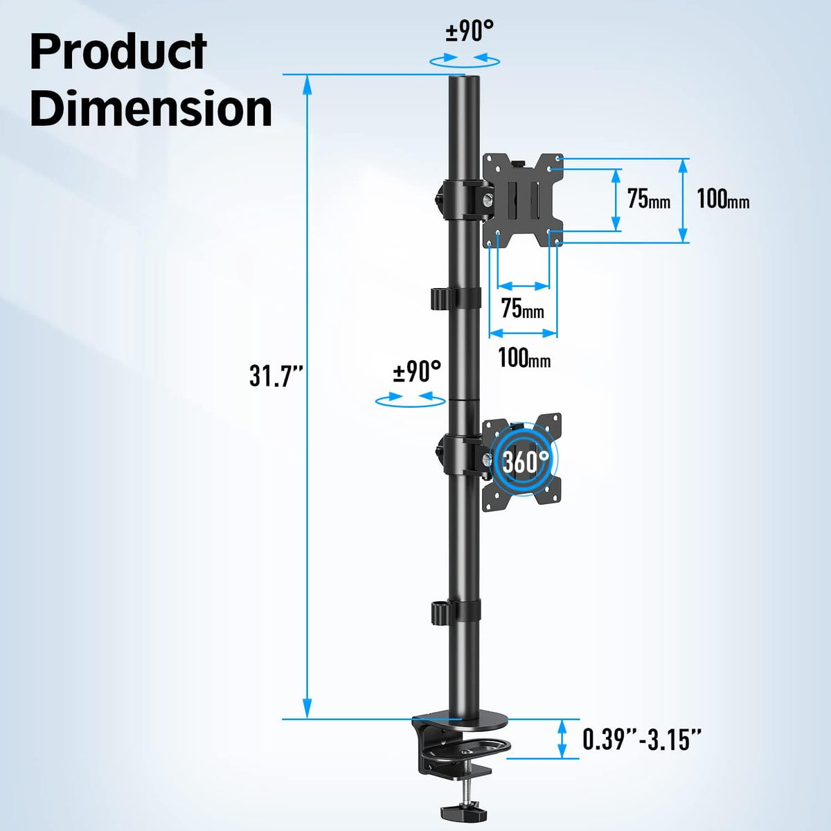 Dual Monitor Stand, Vertical Monitor Mount for 2 Max 32 inch Stack Screen Monitors, Height Adjustable, Swivel, Tilt Monitor Desk Mount with C Clamp Grommet Base, Home Office