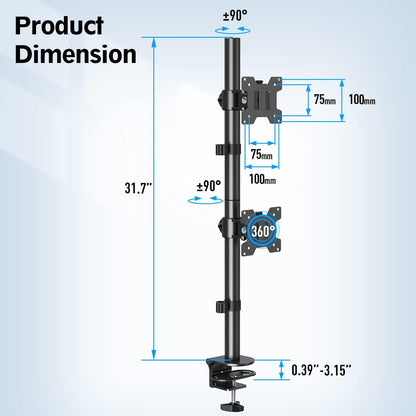 Dual Monitor Stand, Vertical Monitor Mount for 2 Max 32 inch Stack Screen Monitors, Height Adjustable, Swivel, Tilt Monitor Desk Mount with C Clamp Grommet Base, Home Office