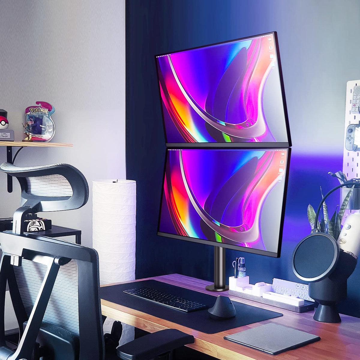 Dual Monitor Stand, Vertical Monitor Mount for 2 Max 32 inch Stack Screen Monitors, Height Adjustable, Swivel, Tilt Monitor Desk Mount with C Clamp Grommet Base, Home Office