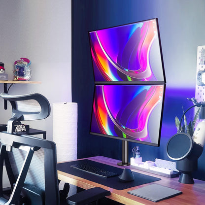 Dual Monitor Stand, Vertical Monitor Mount for 2 Max 32 inch Stack Screen Monitors, Height Adjustable, Swivel, Tilt Monitor Desk Mount with C Clamp Grommet Base, Home Office