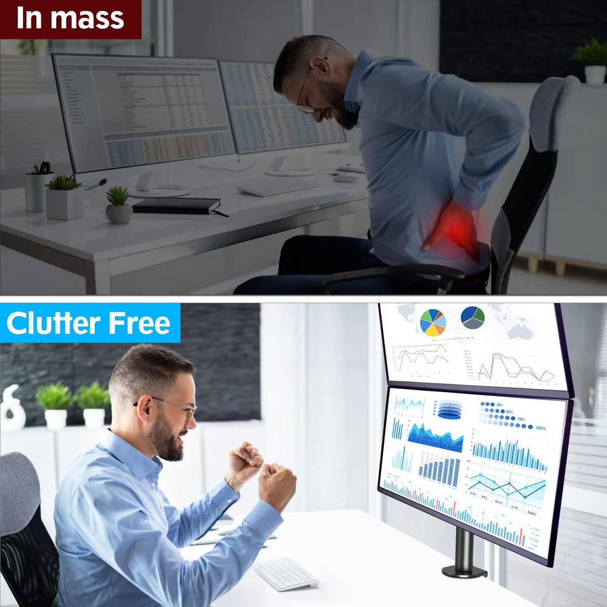 Dual Monitor Stand, Vertical Monitor Mount for 2 Max 32 inch Stack Screen Monitors, Height Adjustable, Swivel, Tilt Monitor Desk Mount with C Clamp Grommet Base, Home Office