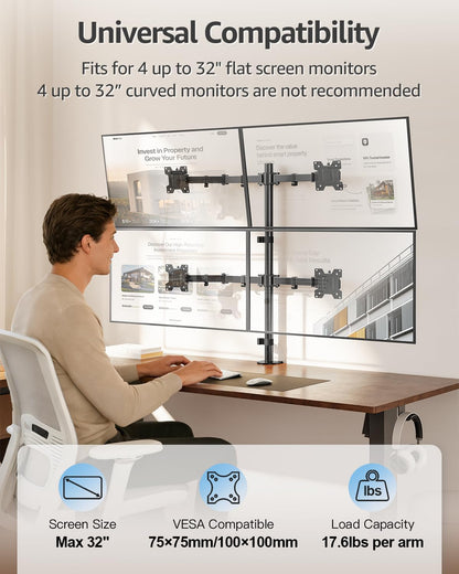 Dual Monitor Stand, Vertical Monitor Mount for 2 Max 32 inch Stack Screen Monitors, Height Adjustable, Swivel, Tilt Monitor Desk Mount with C Clamp Grommet Base, Home Office