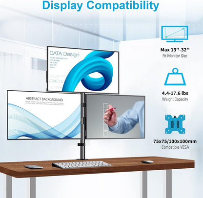 Dual Monitor Stand, Vertical Monitor Mount for 2 Max 32 inch Stack Screen Monitors, Height Adjustable, Swivel, Tilt Monitor Desk Mount with C Clamp Grommet Base, Home Office