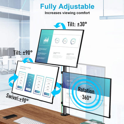 Dual Monitor Stand, Vertical Monitor Mount for 2 Max 32 inch Stack Screen Monitors, Height Adjustable, Swivel, Tilt Monitor Desk Mount with C Clamp Grommet Base, Home Office