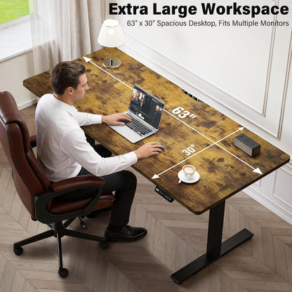 Electric Standing Desk, 63 x 30 Inch, Rustic Brown