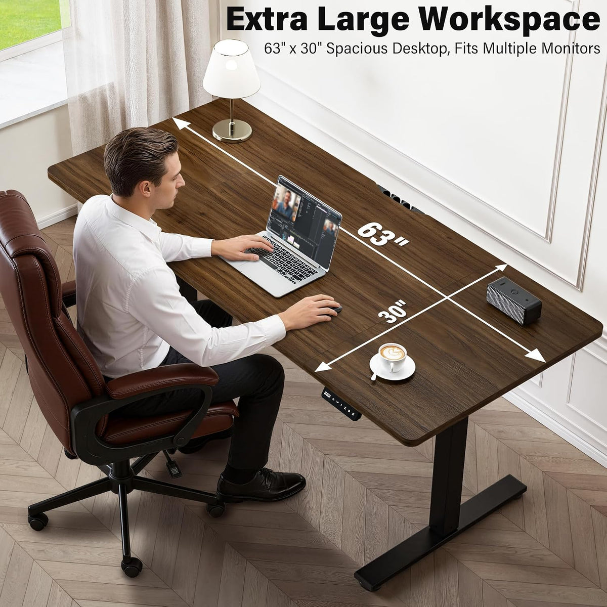 Electric Standing Desk, 63 x 30 Inch, Rustic Brown