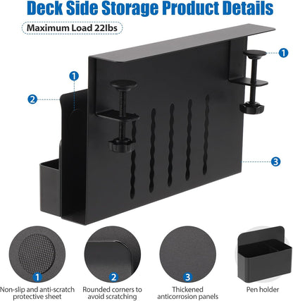 Desk Side Storage, Under Desk Laptop Mount, Table Side Hanging File Organizer, No Drill Clamp On Cable Management Tray, Laptop Holder with Magnetic Pen Holder for Office and Home(Black)