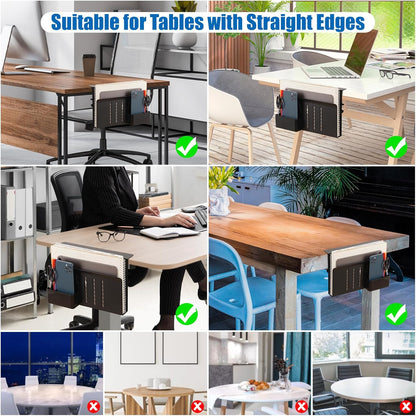 Desk Side Storage, Under Desk Laptop Mount, Table Side Hanging File Organizer, No Drill Clamp On Cable Management Tray, Laptop Holder with Magnetic Pen Holder for Office and Home(Black)