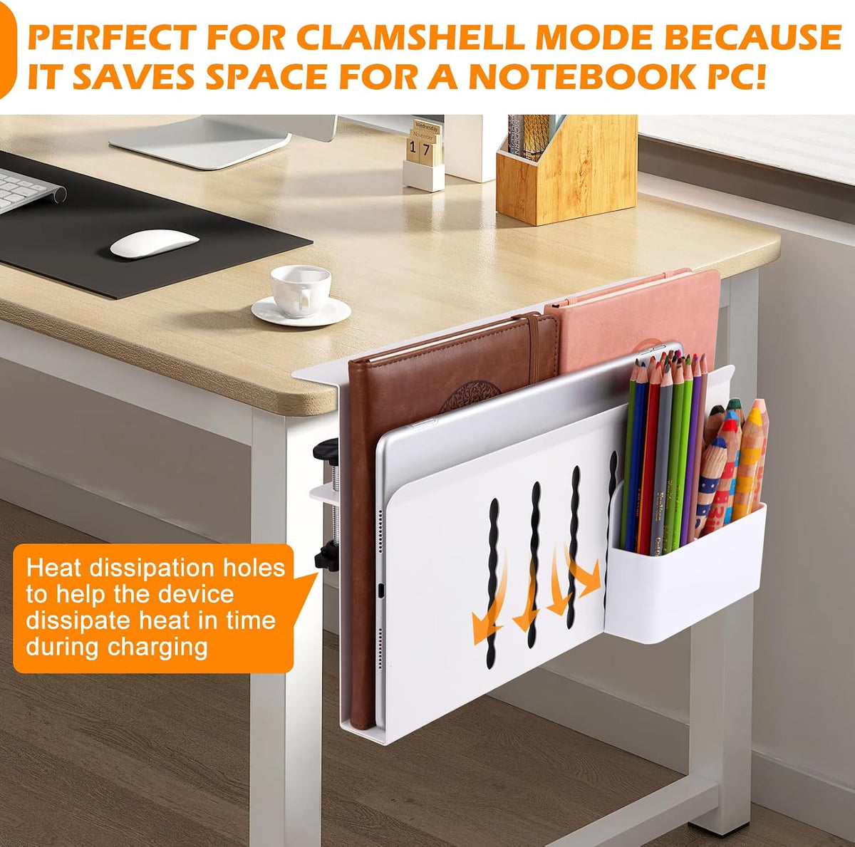 Desk Side Storage, Under Desk Laptop Mount, Table Side Hanging File Organizer, No Drill Clamp On Cable Management Tray, Laptop Holder with Magnetic Pen Holder for Office and Home(Black)