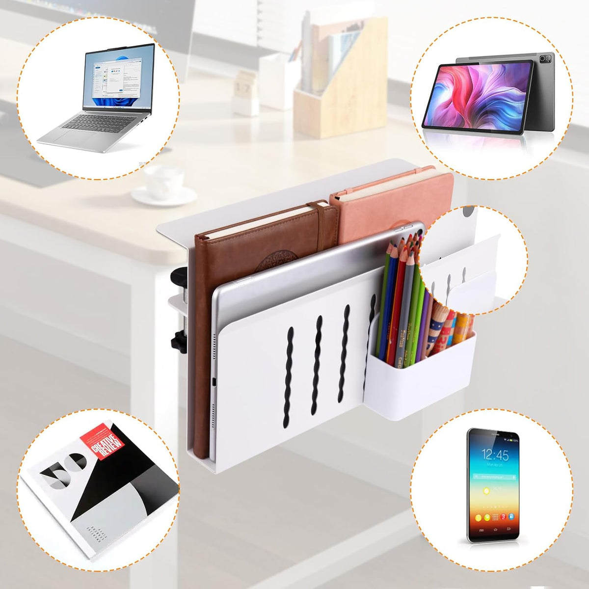 Desk Side Storage, Under Desk Laptop Mount, Table Side Hanging File Organizer, No Drill Clamp On Cable Management Tray, Laptop Holder with Magnetic Pen Holder for Office and Home(Black)