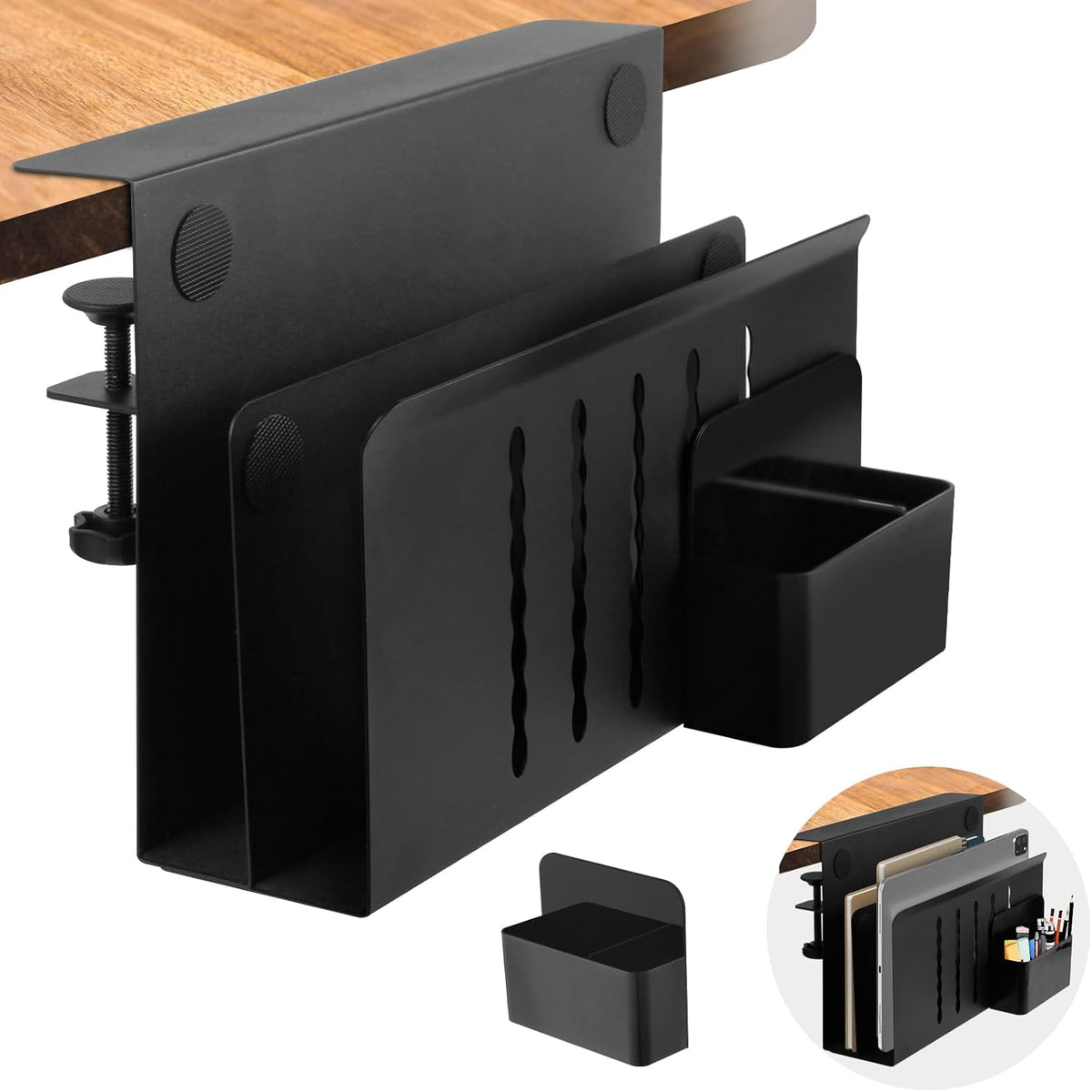 Desk Side Storage, Under Desk Laptop Mount, Table Side Hanging File Organizer, No Drill Clamp On Cable Management Tray, Laptop Holder with Magnetic Pen Holder for Office and Home(Black)