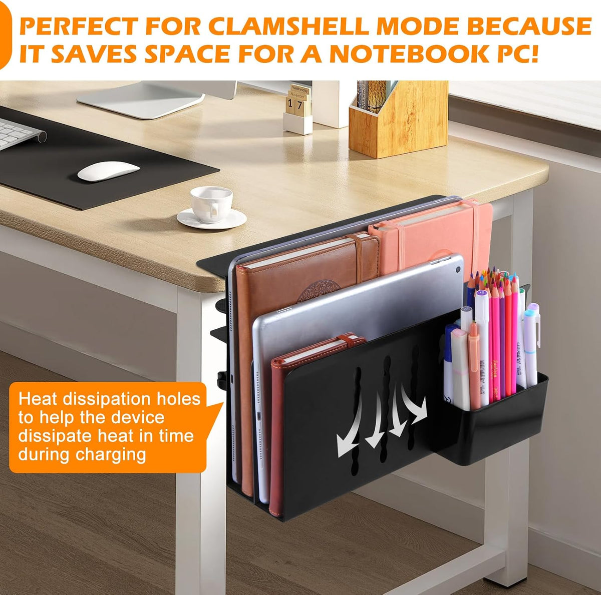 Desk Side Storage, Under Desk Laptop Mount, Table Side Hanging File Organizer, No Drill Clamp On Cable Management Tray, Laptop Holder with Magnetic Pen Holder for Office and Home(Black)