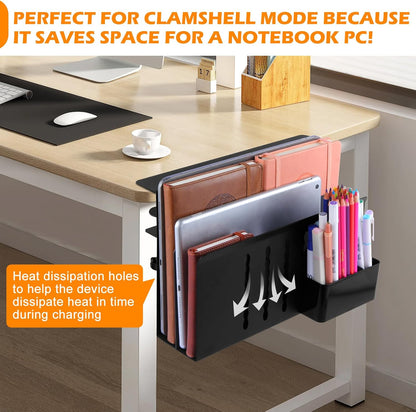 Desk Side Storage, Under Desk Laptop Mount, Table Side Hanging File Organizer, No Drill Clamp On Cable Management Tray, Laptop Holder with Magnetic Pen Holder for Office and Home(Black)