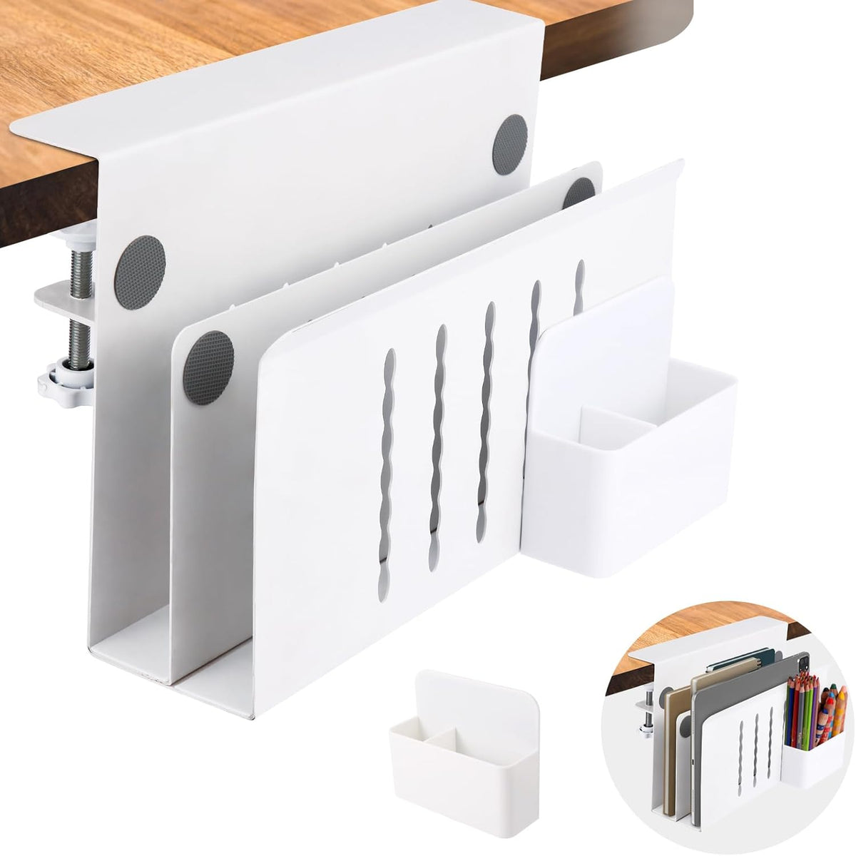 Desk Side Storage, Under Desk Laptop Mount, Table Side Hanging File Organizer, No Drill Clamp On Cable Management Tray, Laptop Holder with Magnetic Pen Holder for Office and Home(Black)